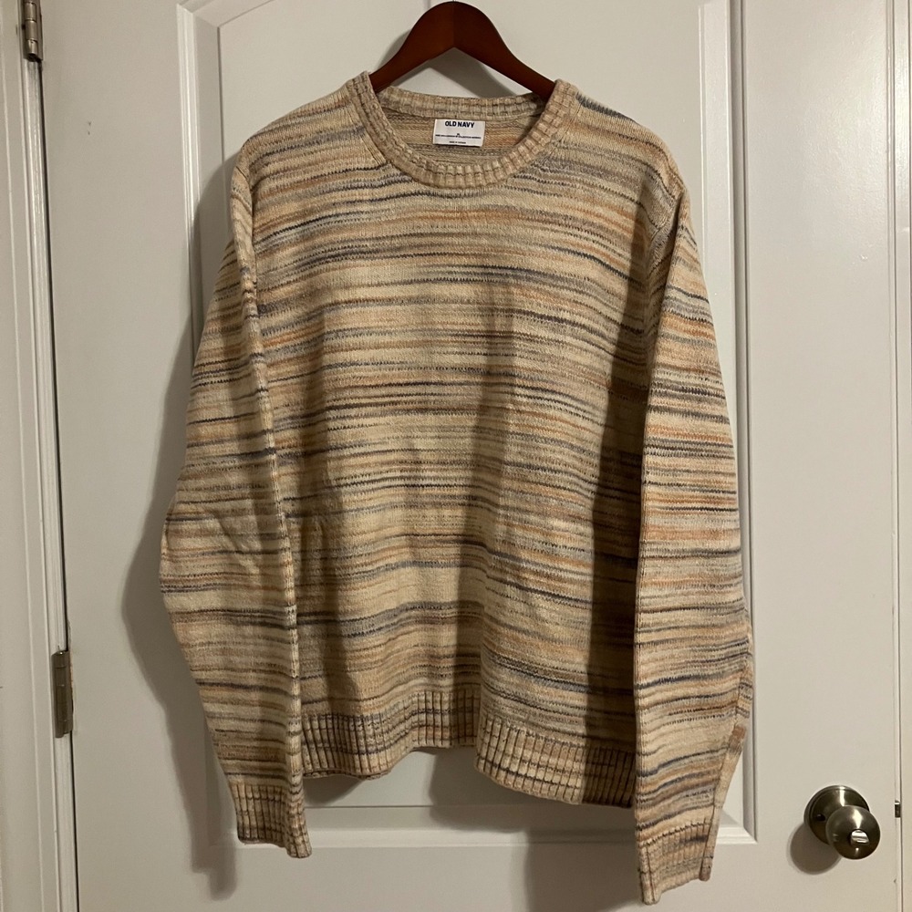 Old Navy Mens XL Space Dye Striped Crewneck Sweater Beige Tan Blue Pullover